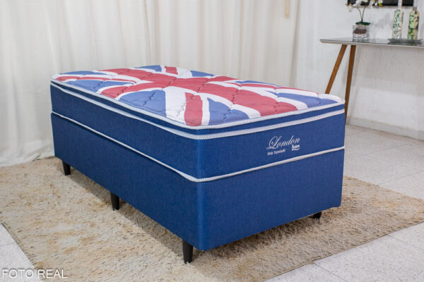 Box Azul + Colchão Solteiro London Molas Superlastic 88x188x68 Anjos