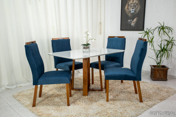 Mesa Pedro Mel Tampo Vidro Off 120×80 4 Cadeiras Lisboa Veludo Azul 503 Art Assento - Madeira Maciça