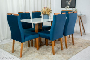 Mesa Pedro Mel Tampo Off 160×80 6 Cadeiras Lisboa Assento Veludo Azul 503 Art Assento - Madeira Maciça